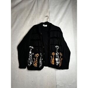 VTG Lisa International Cat Cardigan Sweater Black XL Ramie Cotton Knit Button